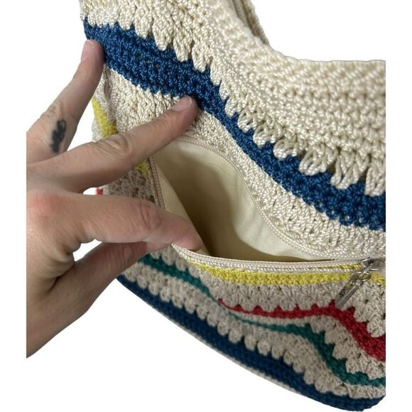 The Sak Crocheted Shoulder Bag Medium Handbag Stripes with pink pom pom row $79 - Picture 3 of 7